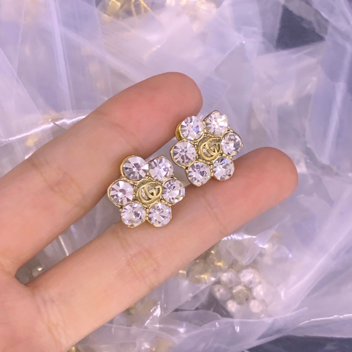 Gold Cuban Link Crystal Flower Logo Jewelry Set