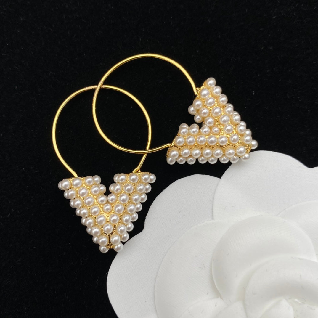 Pearl-Encrusted V Monogram Necklace, Bracelet & Hoop Earring Set
