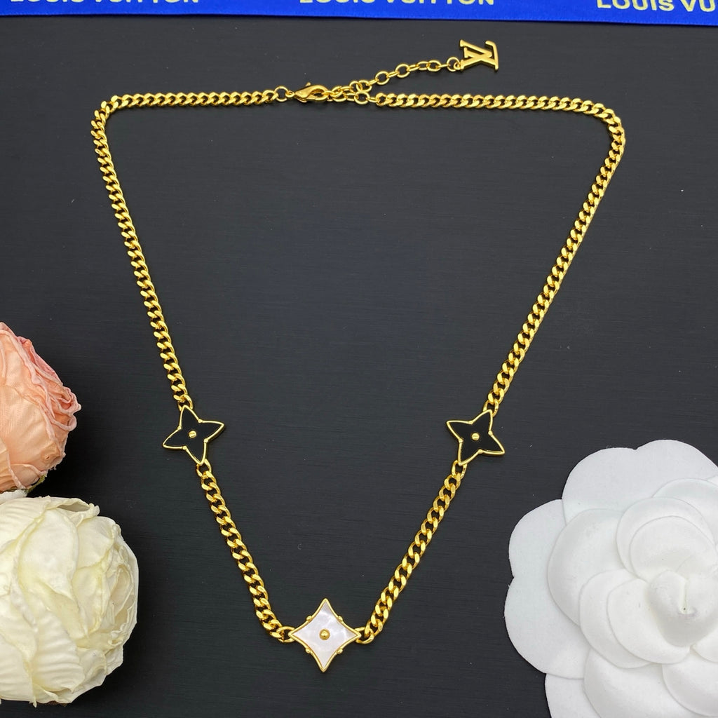 Black & White Enamel Star Flower Cuban Chain Necklace & Bracelet Set
