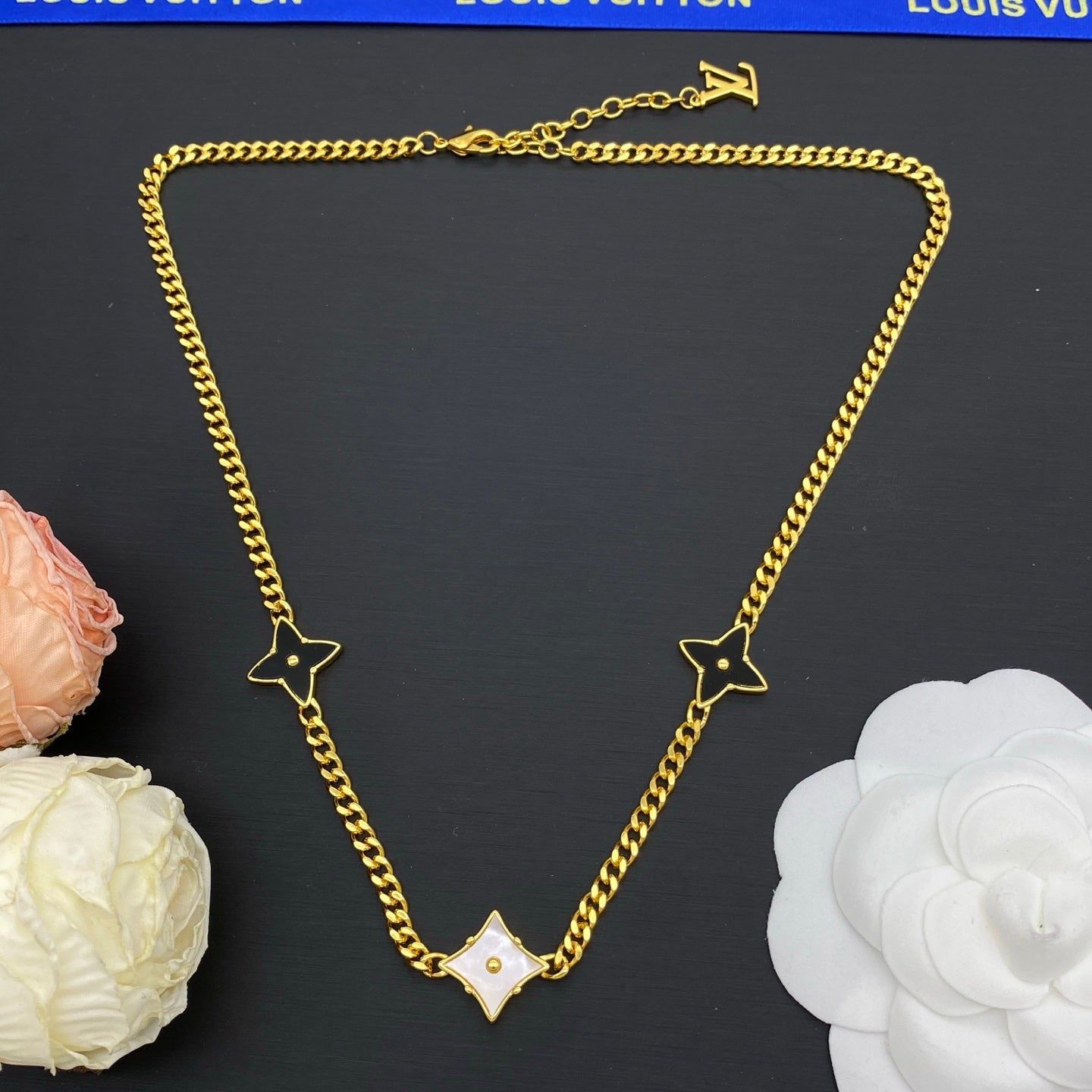 Black & White Enamel Star Flower Cuban Chain Necklace & Bracelet Set