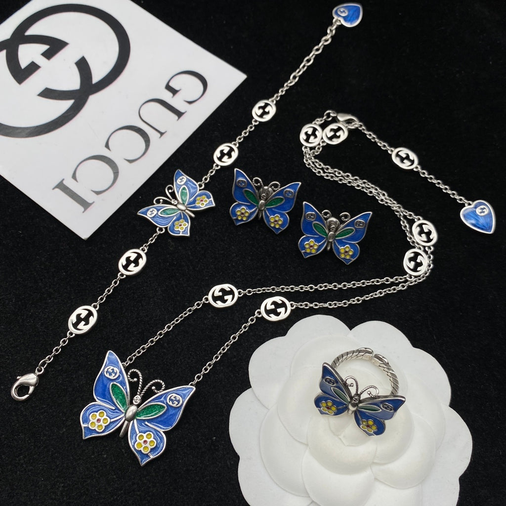 Vintage Cloisonné Butterfly Logo Chain Full Jewelry Set