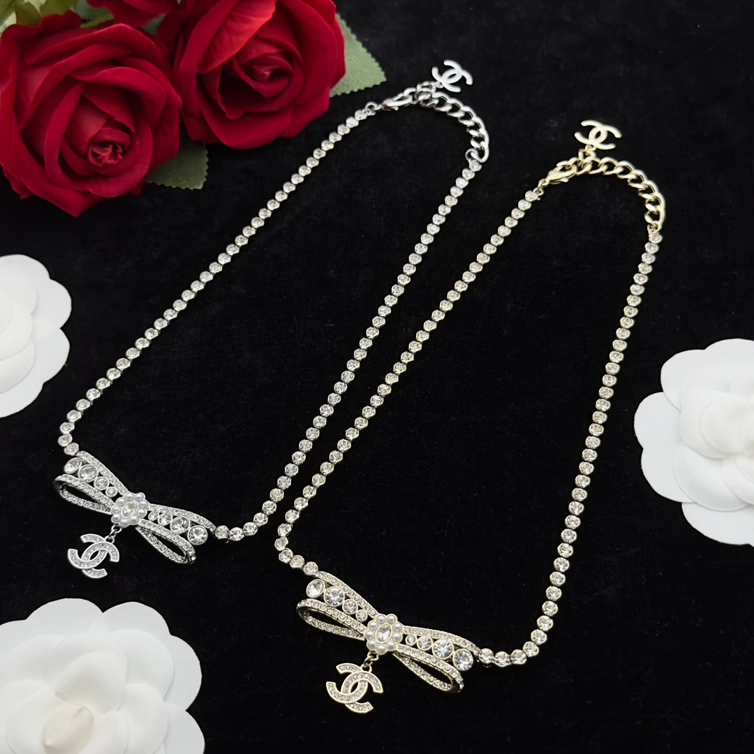 Crystal Bow Pendant Tennis Necklace