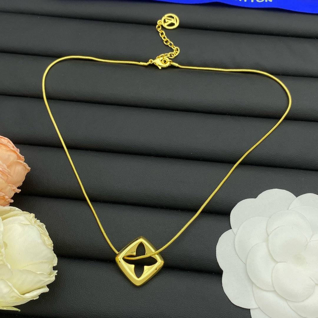 Hollow Four-Petal Flower Diamond Shape Pendant Snake Chain Necklace