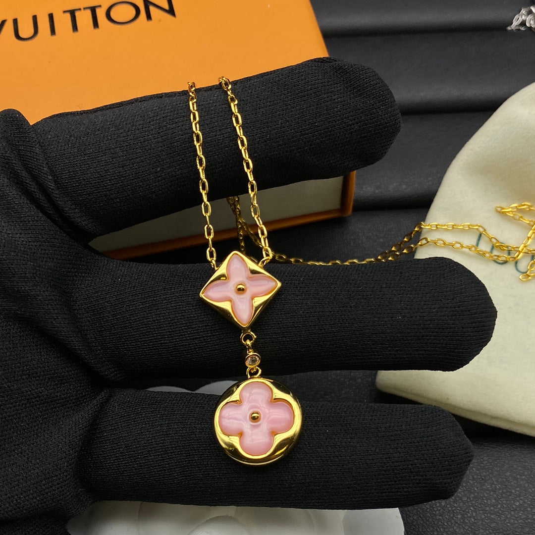Mother of Pearl Shell Diamond & Round Double Drop Pendant Necklace