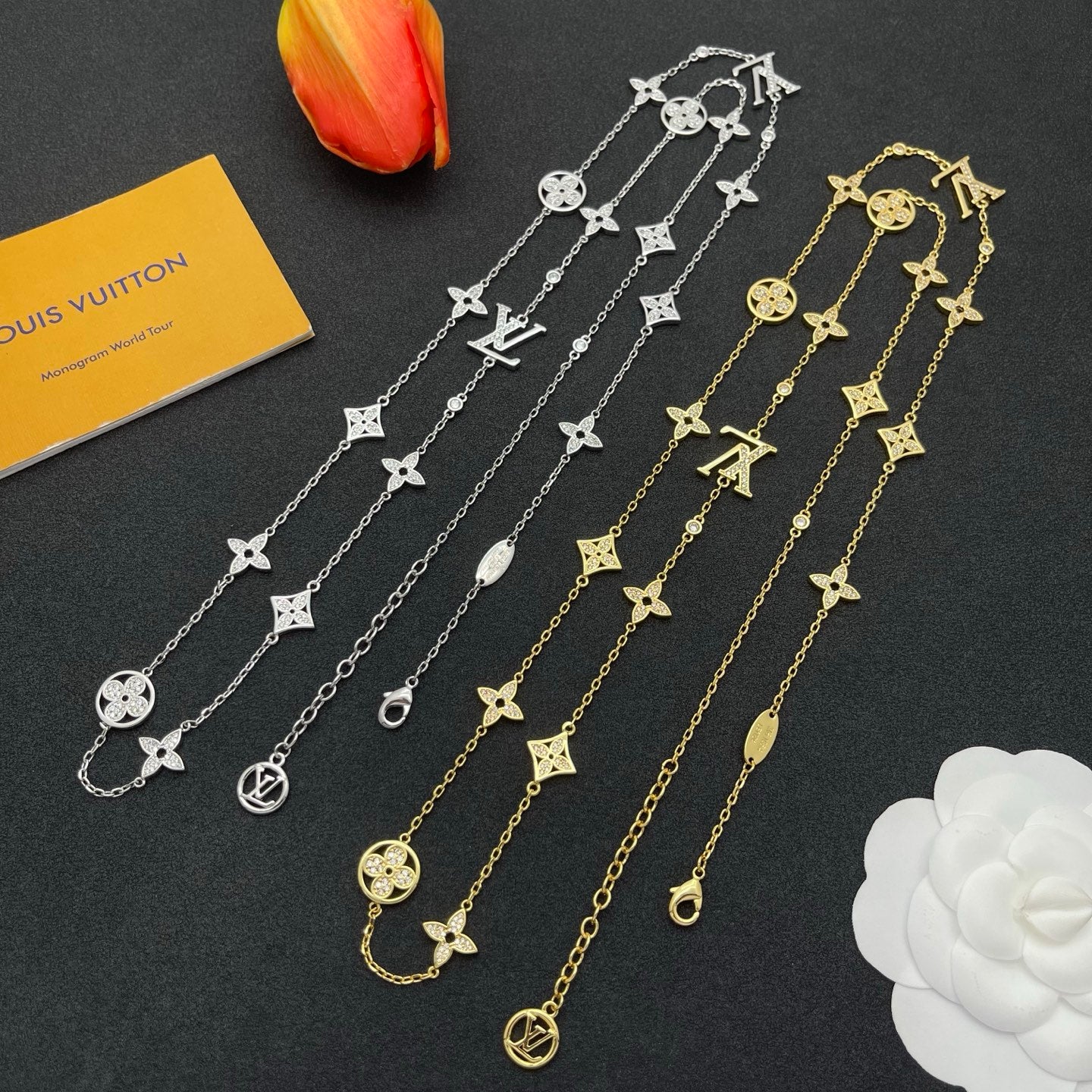 Floral Motif Multi-Charm Long Station Necklace
