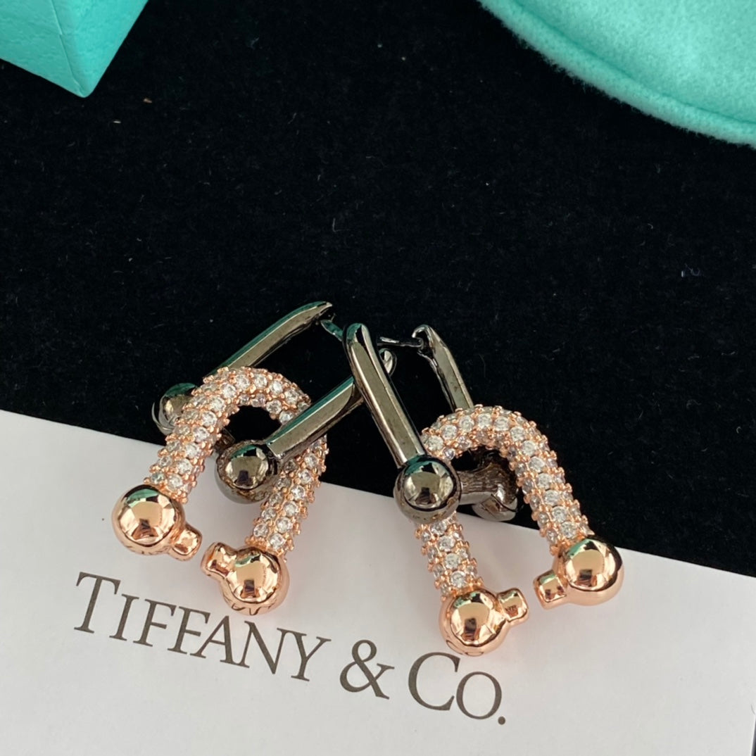 Gunmetal & Rose Gold Pavé U-Clasp Ball Stud Link Chain Jewelry Set – Necklace, Bracelet & Earrings