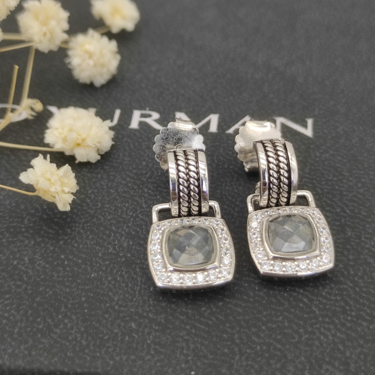 Pavé Halo Cushion Gemstone Drop Earrings