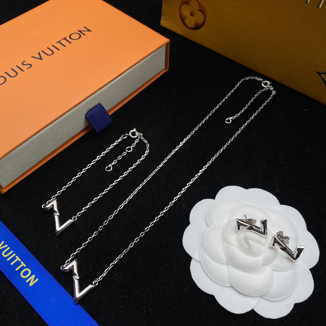 Gold V-Shape Monogram Necklace, Bracelet & Earring Set