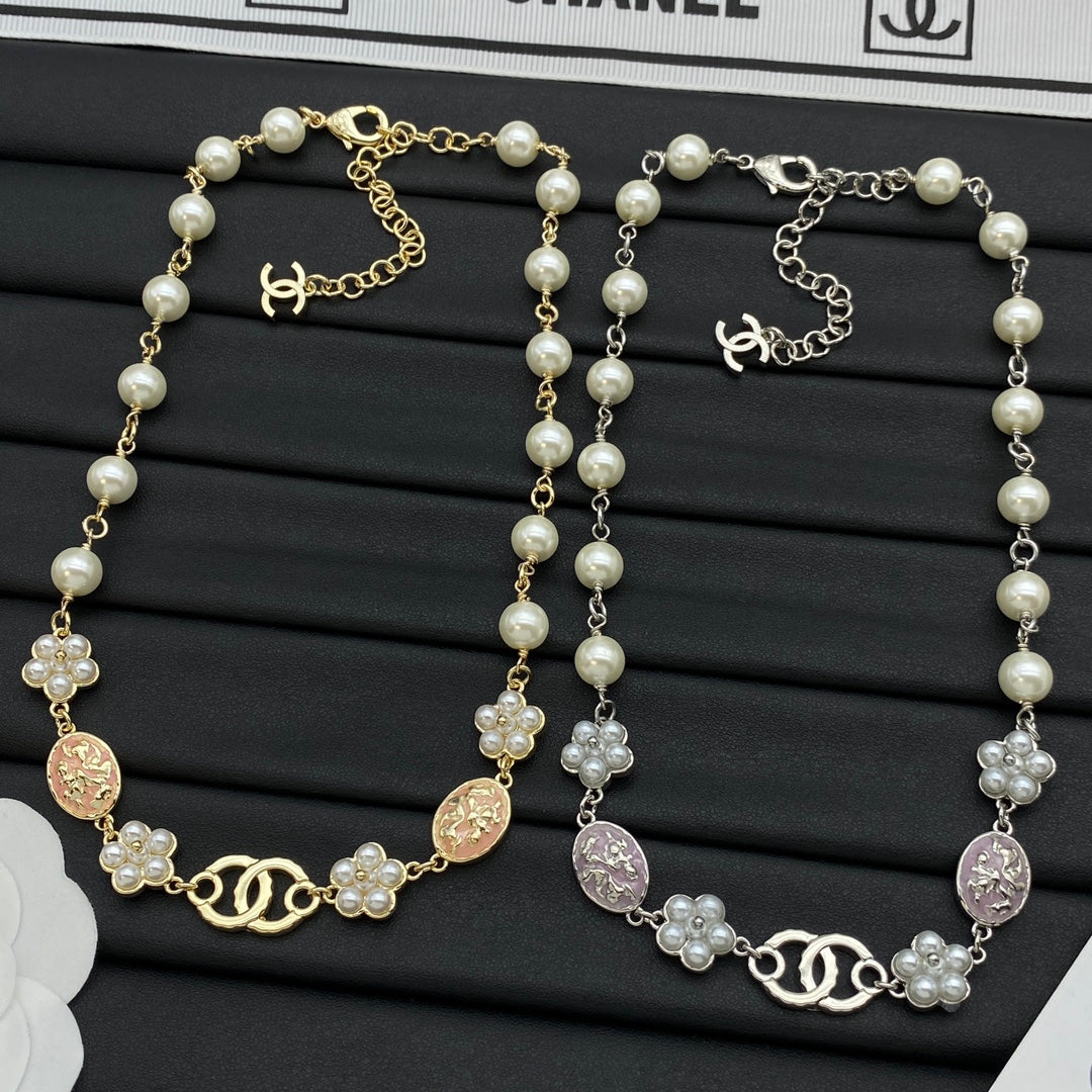 Pearl Strand CC Camellia & Coin Charm Station Necklace – Gold & Silver