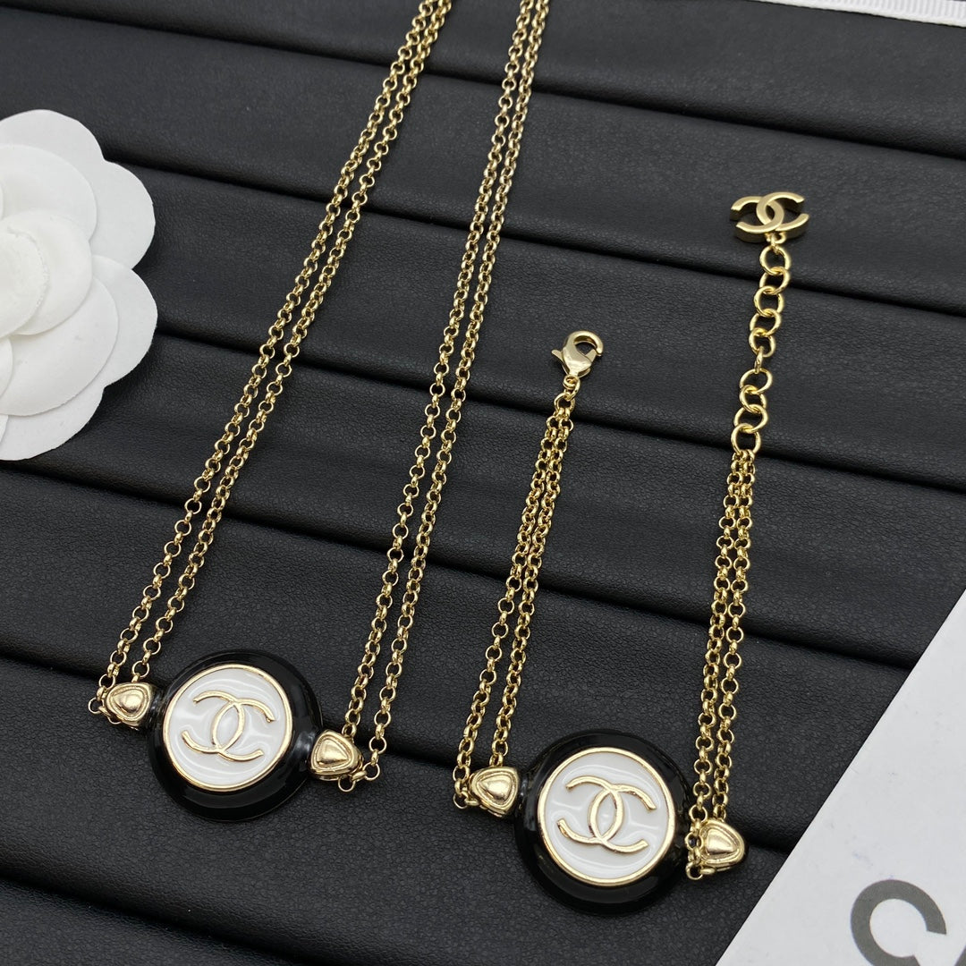 Black & White CC Round Disc Double Chain Necklace & Bracelet Set