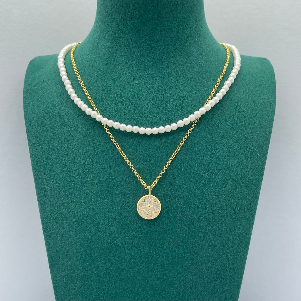 Pearl & Chain Double Layer Necklace with Pavé Floral Pendant
