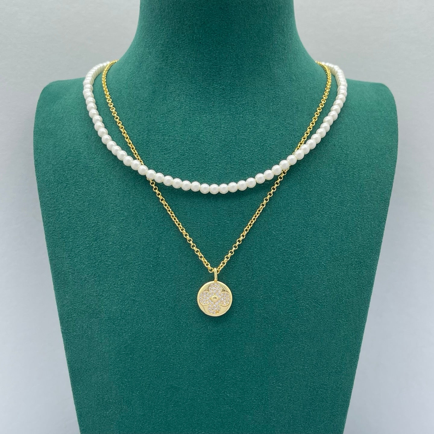 Pearl & Chain Double Layer Necklace with Pavé Floral Pendant