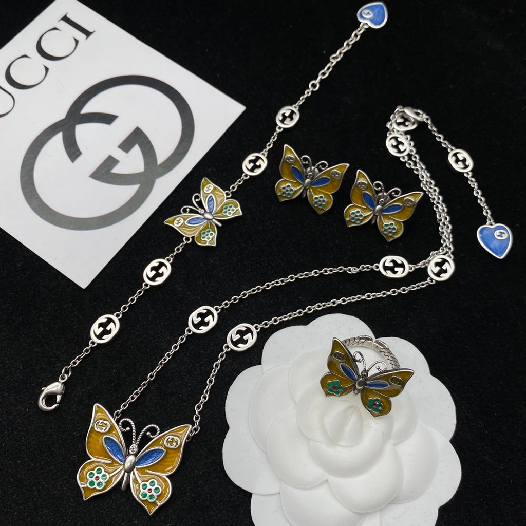 Vintage Cloisonné Butterfly Logo Chain Full Jewelry Set