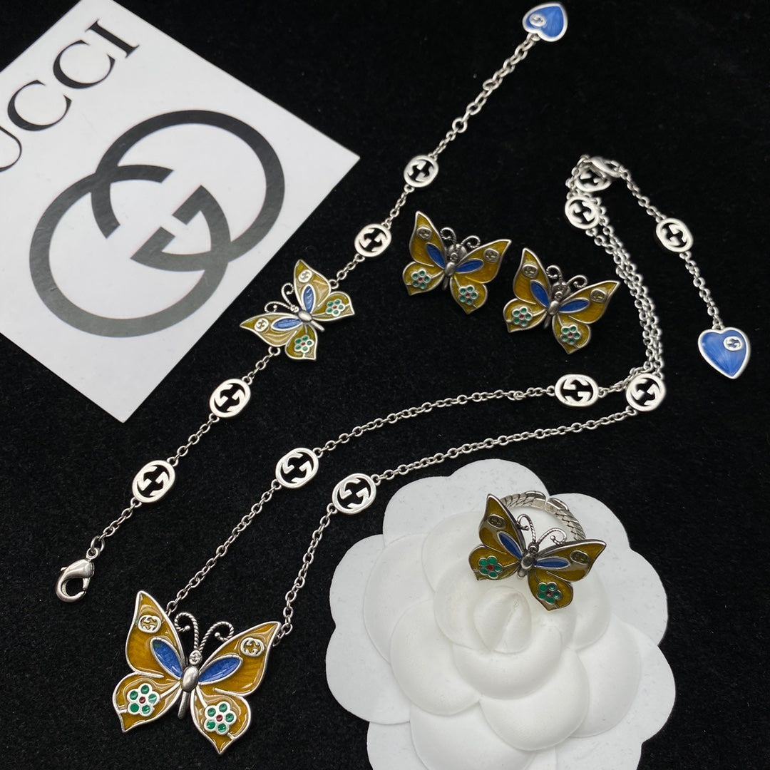 Vintage Cloisonné Butterfly Logo Chain Full Jewelry Set