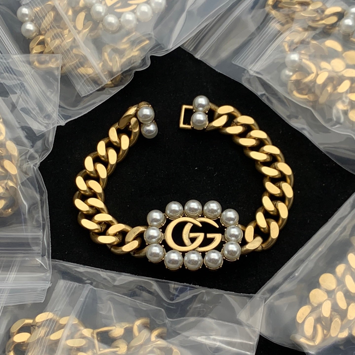 Gold Cuban Link Pearl Square Logo Jewelry Set
