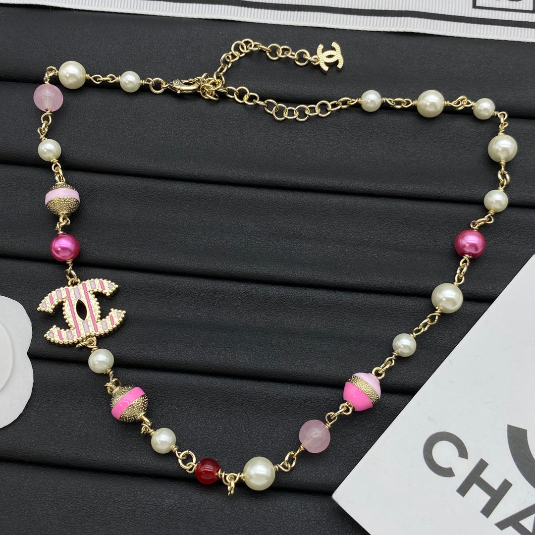 Colorful Mixed Bead CC Charm Long Necklace – Pink & Blue