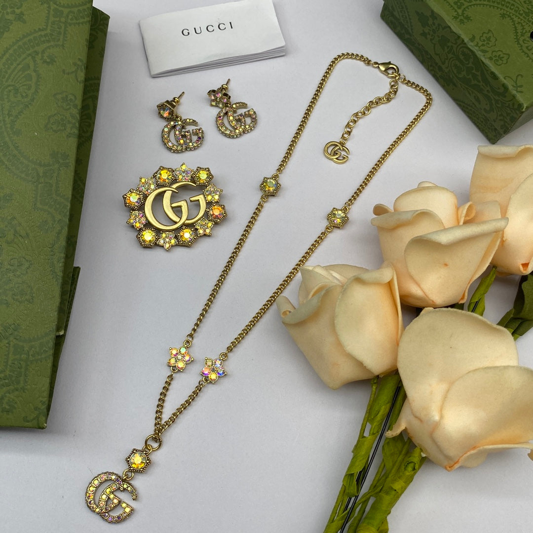 Citrine Crystal Daisy Logo Curb Chain Jewelry Set