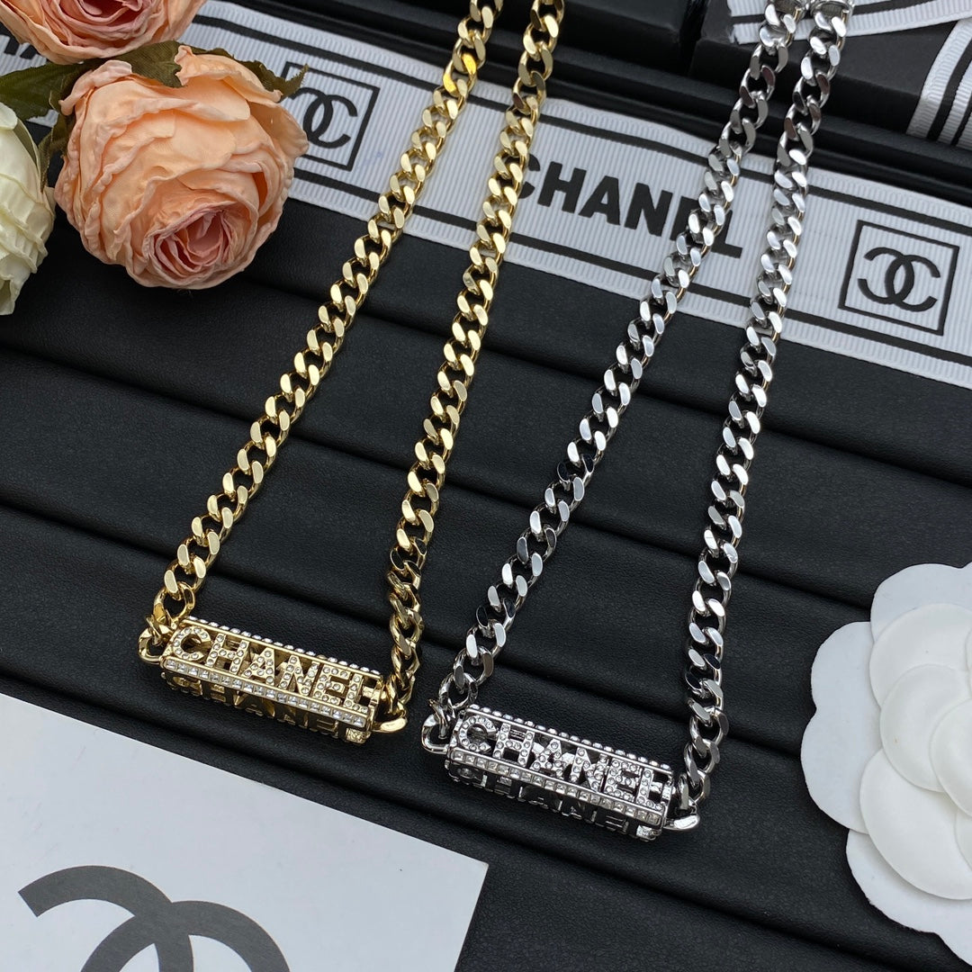 Crystal Letter Bar Pendant Chunky Curb Chain Necklace – Gold & Silver