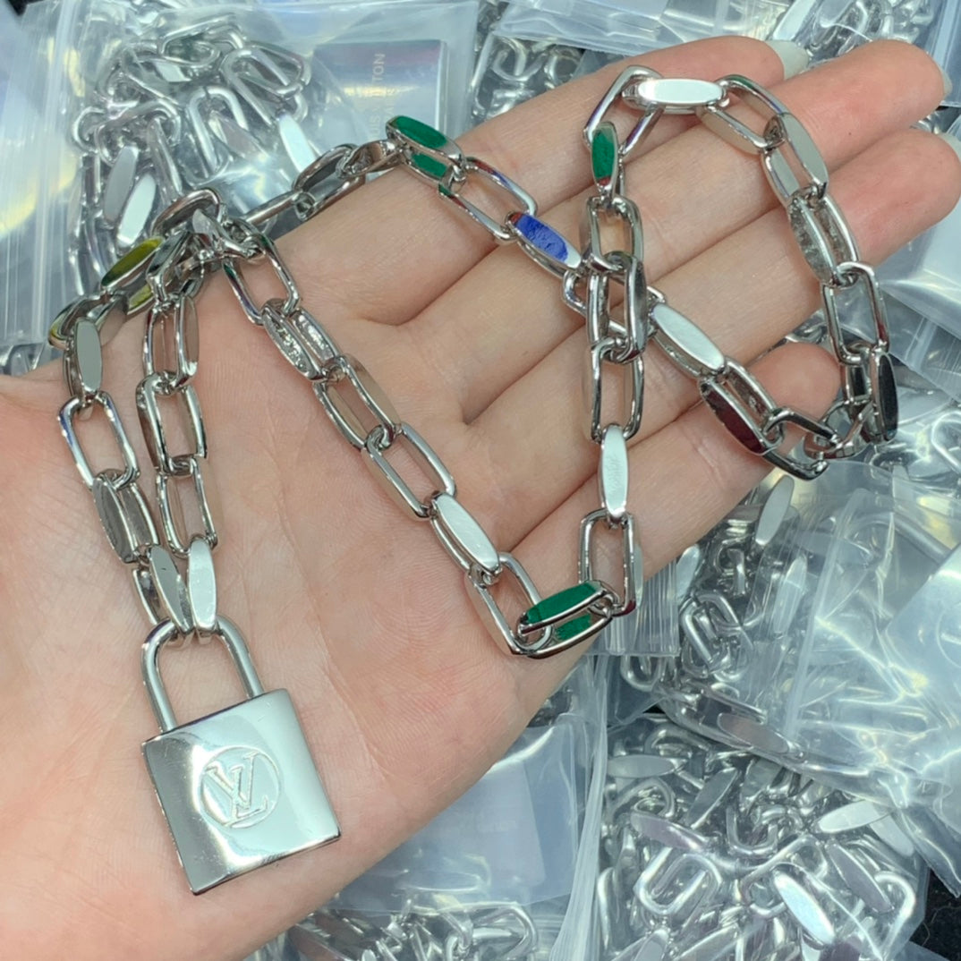 Bold Logo Lock Pendant & Paperclip Link Chain Jewelry Set