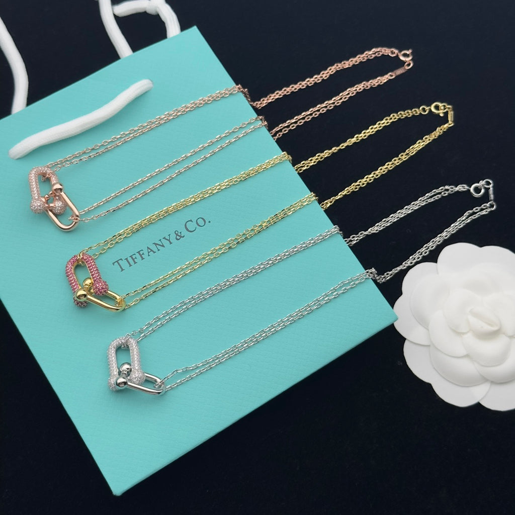 Pavé Crystal U-Shape Horseshoe Clasp Pendant Double Chain Necklace