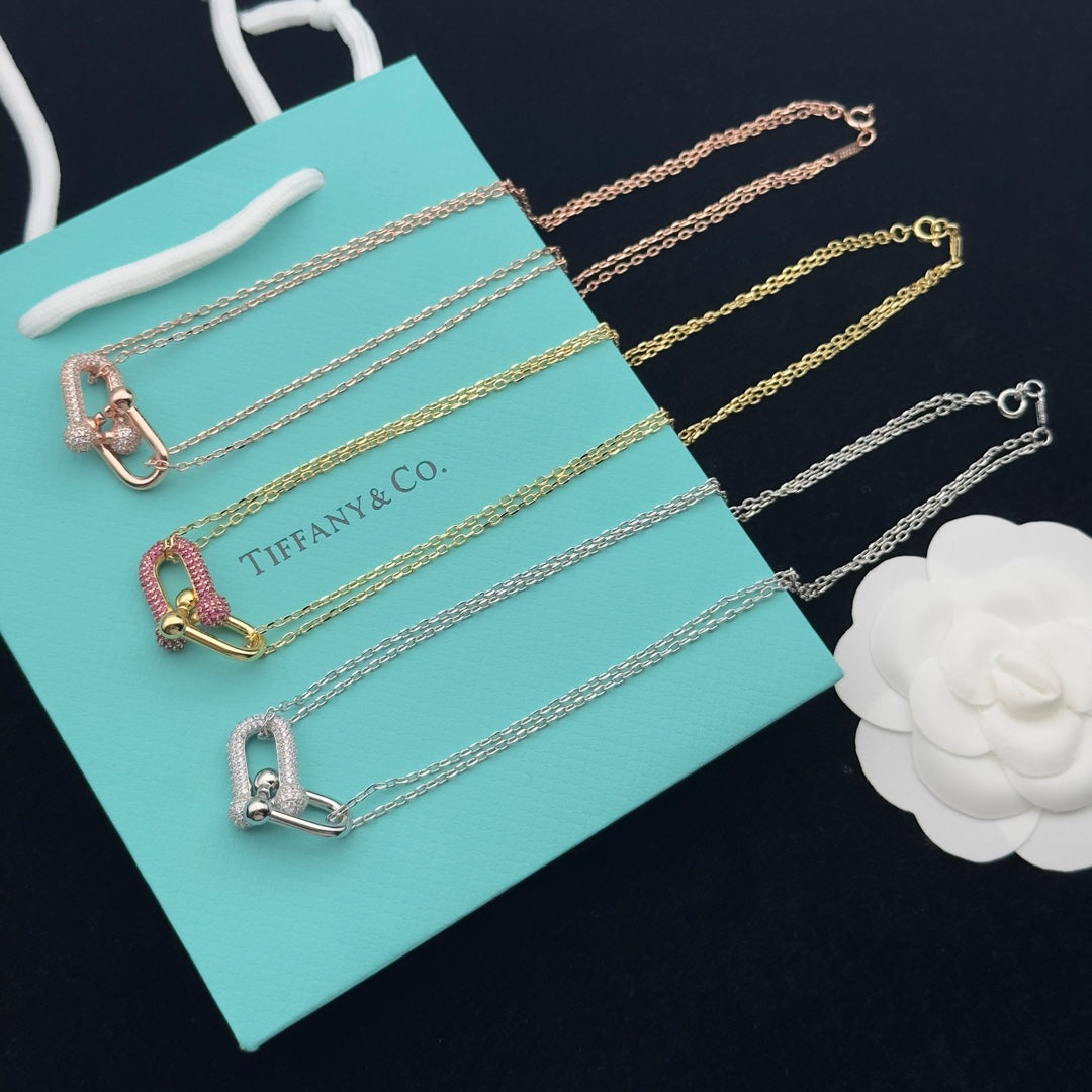 Pavé Crystal U-Shape Horseshoe Clasp Pendant Double Chain Necklace