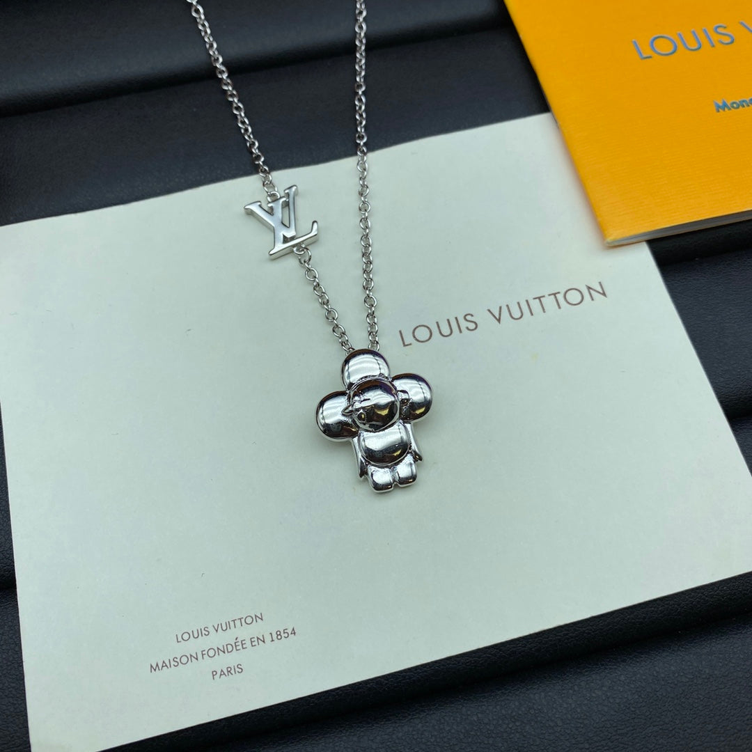 3D Puffy Teddy Bear Charm Double Drop Cable Chain Necklace