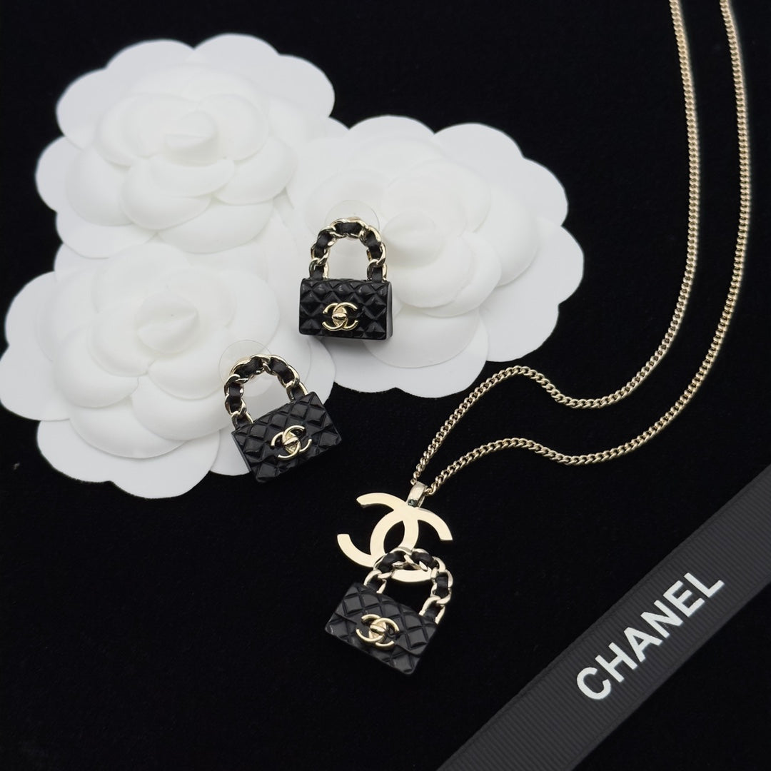 Quilted Mini Bag Charm Necklace & Earrings Set