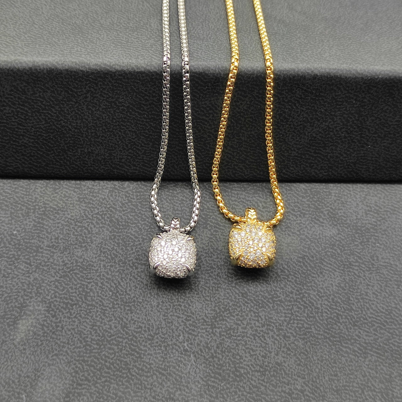 Micro Pavé Dome Pendant Box Chain Necklace