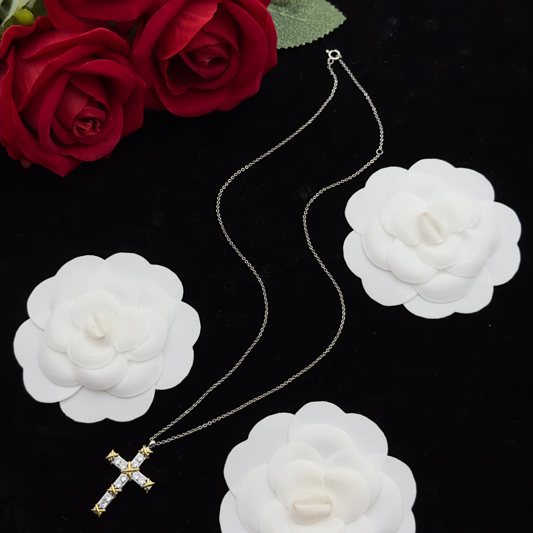 Crystal Cross X Rivet Pendant Delicate Chain Necklace – Gold & Silver
