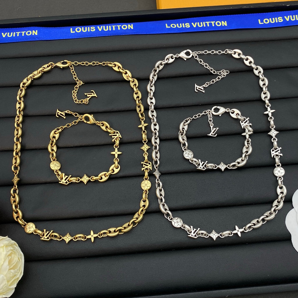 Mixed Charm Mariner Link Chain Necklace & Bracelet Set