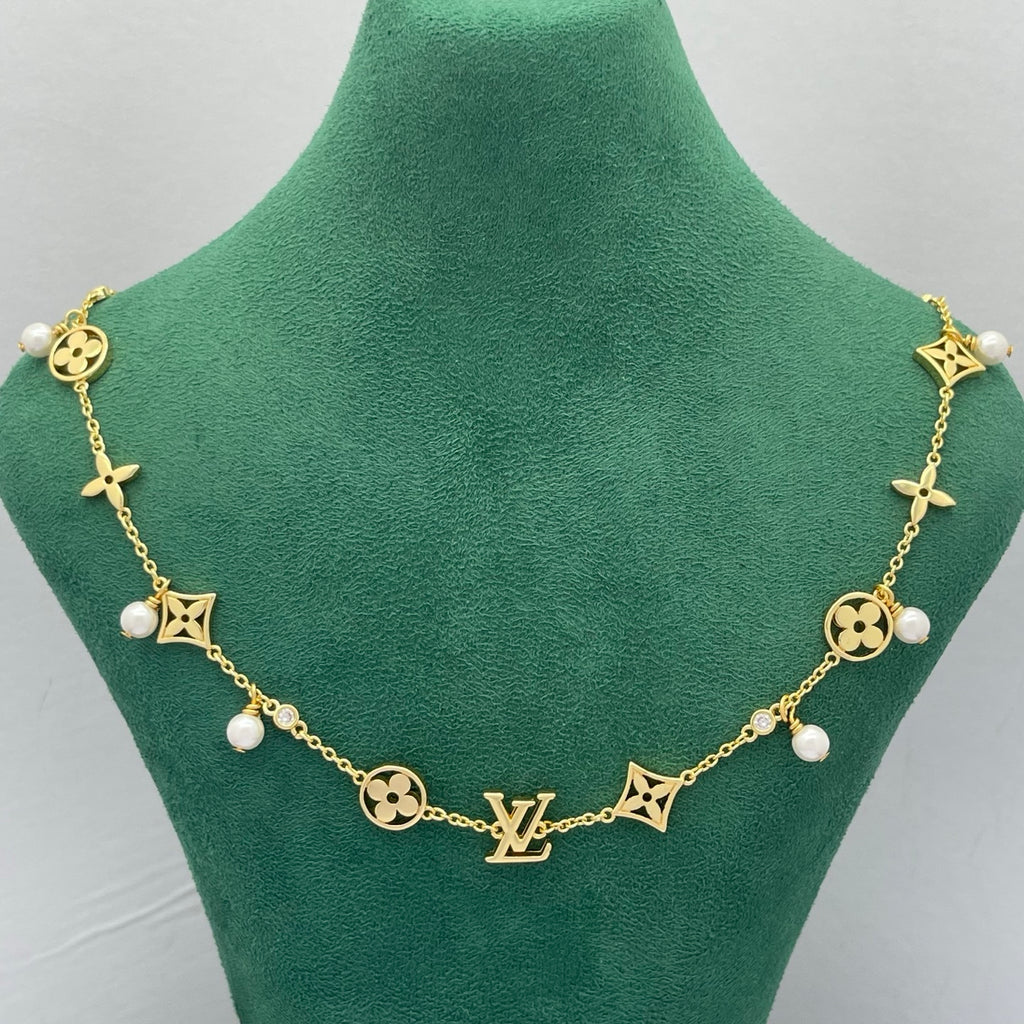 Floral Medallion & Four-Point Star Pearl Station Necklace
