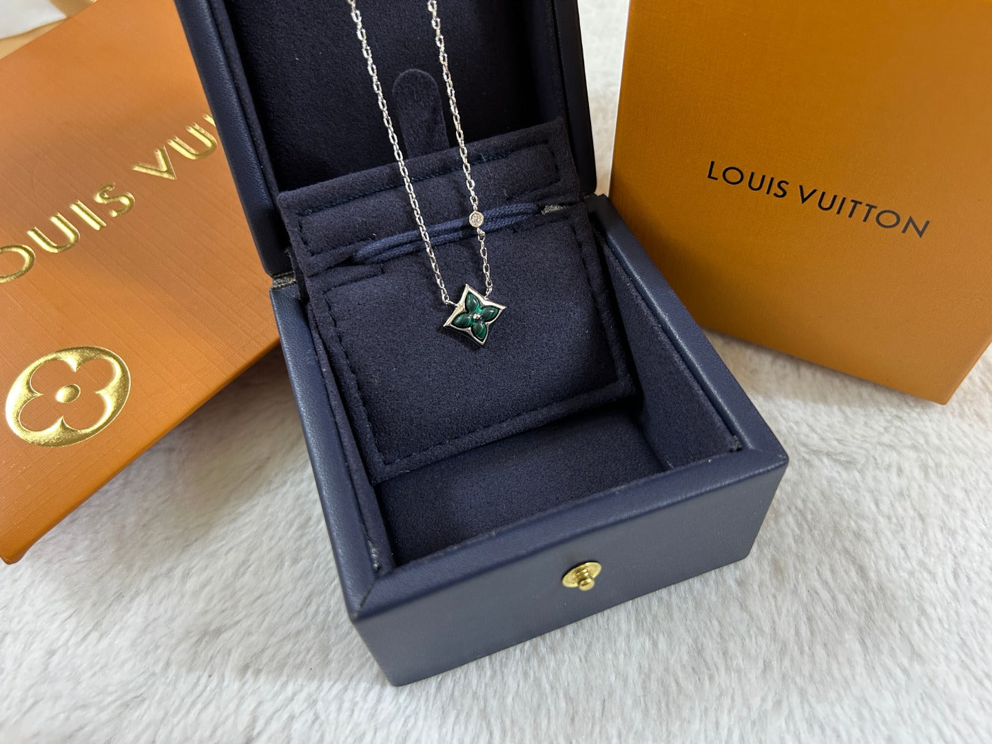 Malachite Green Enamel Four-Petal Flower Pendant Necklace
