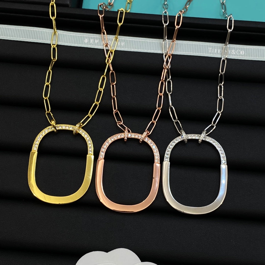 Half Pavé Half Polished Rounded Square Open Pendant Paperclip Chain Necklace – Gold, Rose Gold & Silver