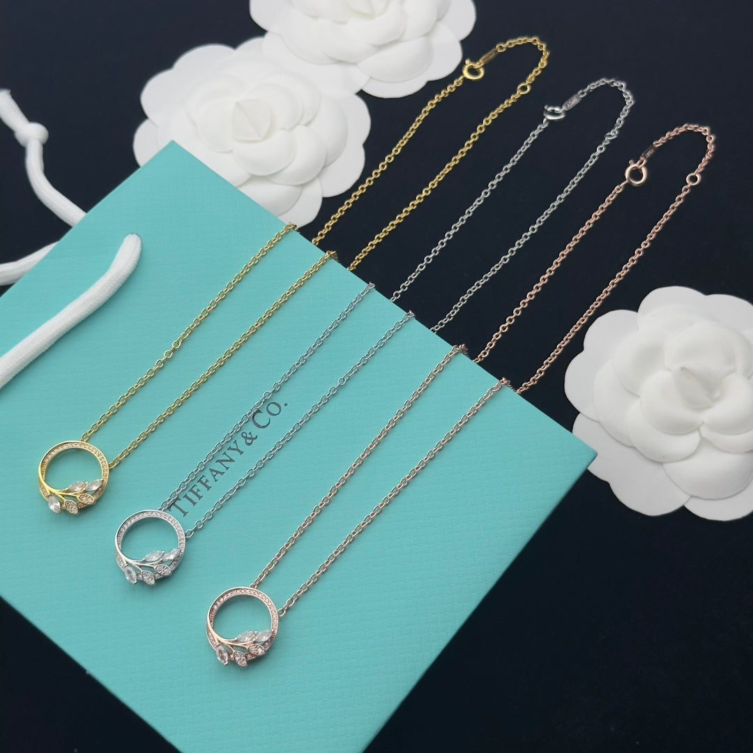 Pavé Crystal Open Circle Olive Branch Pendant Necklace – Gold, Silver & Rose Gold