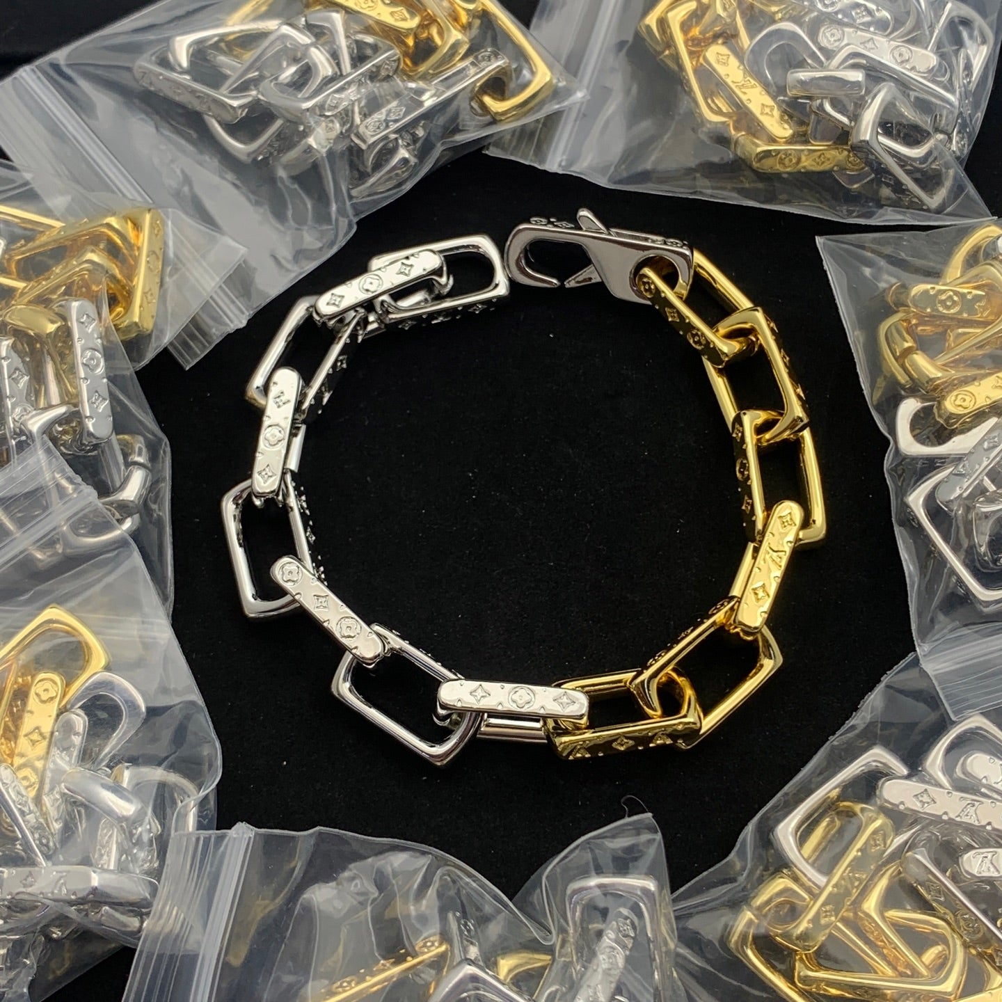Monogram Square Link Chain Necklace & Bracelet Set