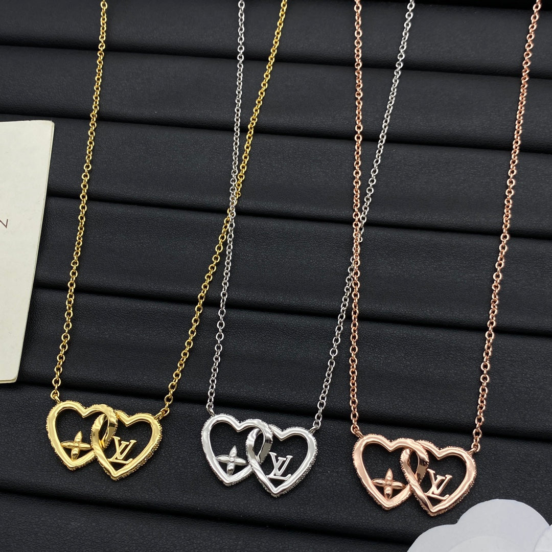 Interlocking Double Open Heart Pendant Cable Chain Necklace