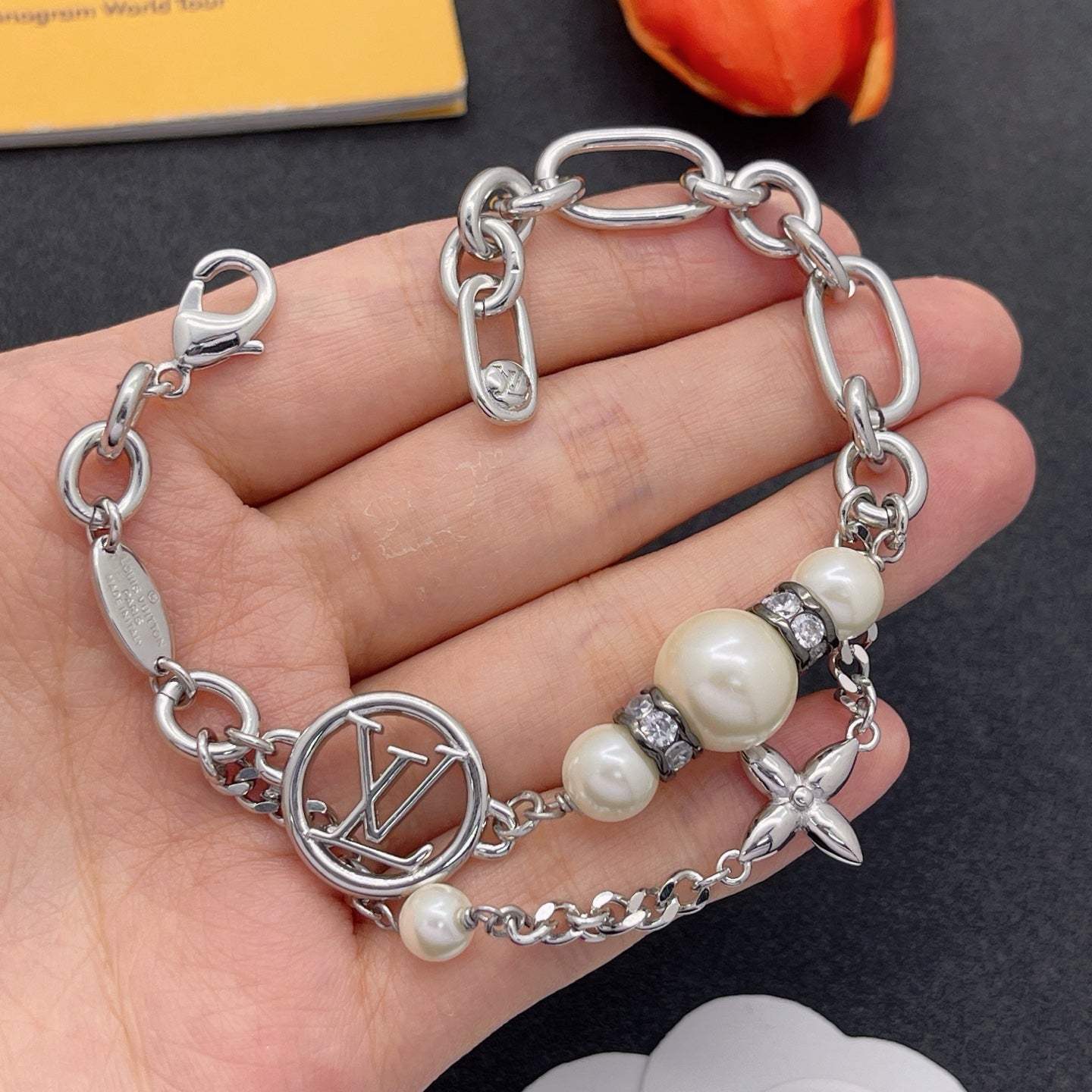 Chunky Pearl & Crystal Spacer Logo Chain Jewelry Set