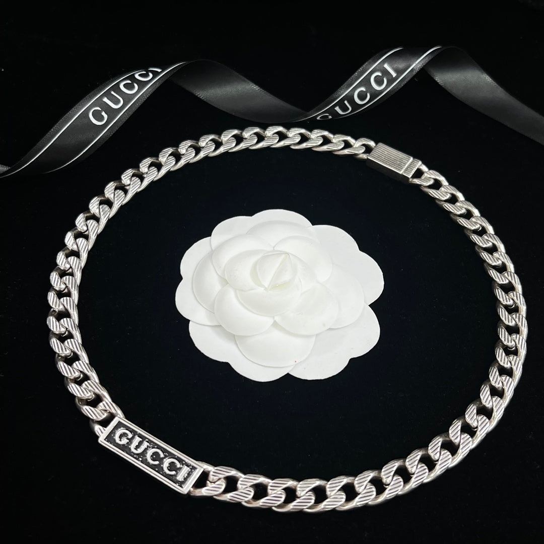 Silver Logo Bar Heavy Cuban Chain Jewelry Set