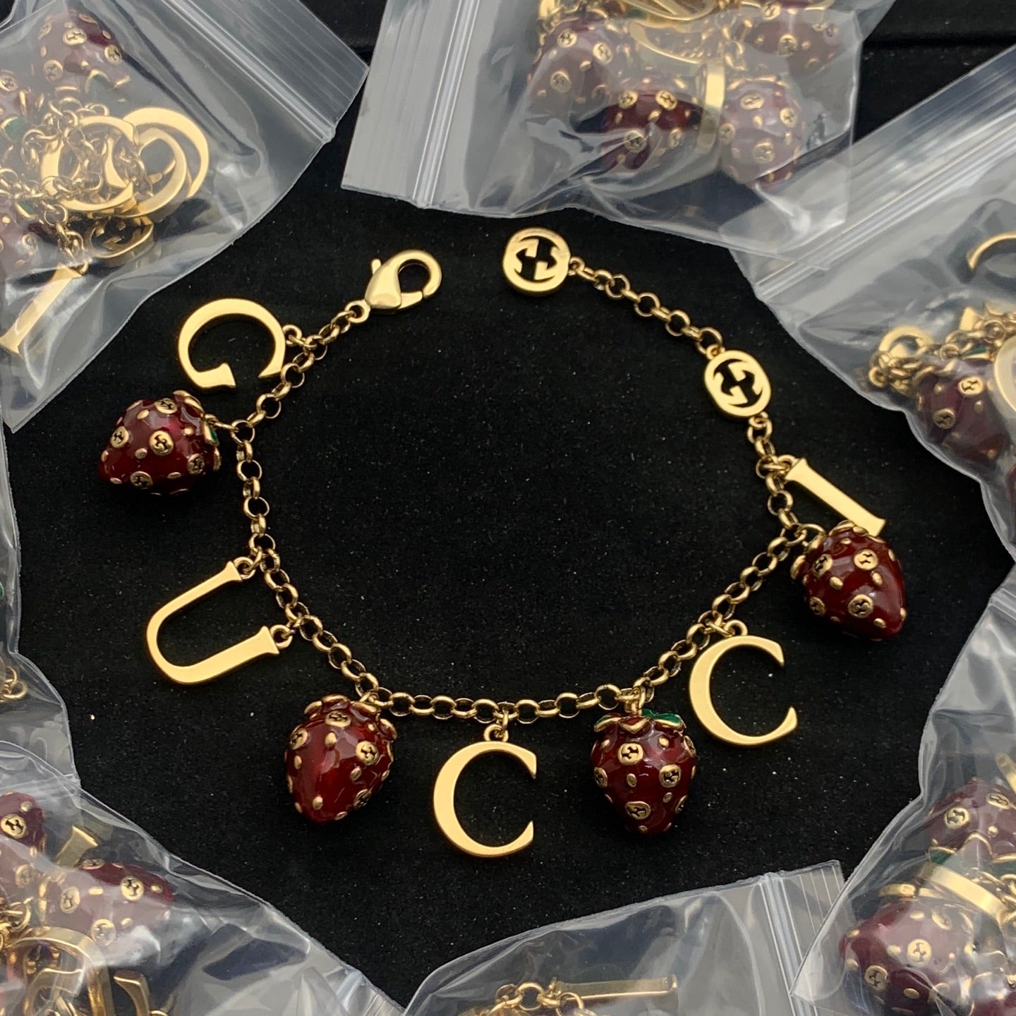 Burgundy Strawberry Jewelry Set with Gold Chain-Necklace, Bracelet, Earring
