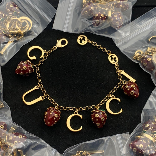 Burgundy Strawberry Jewelry Set with Gold Chain-Necklace, Bracelet, Earring