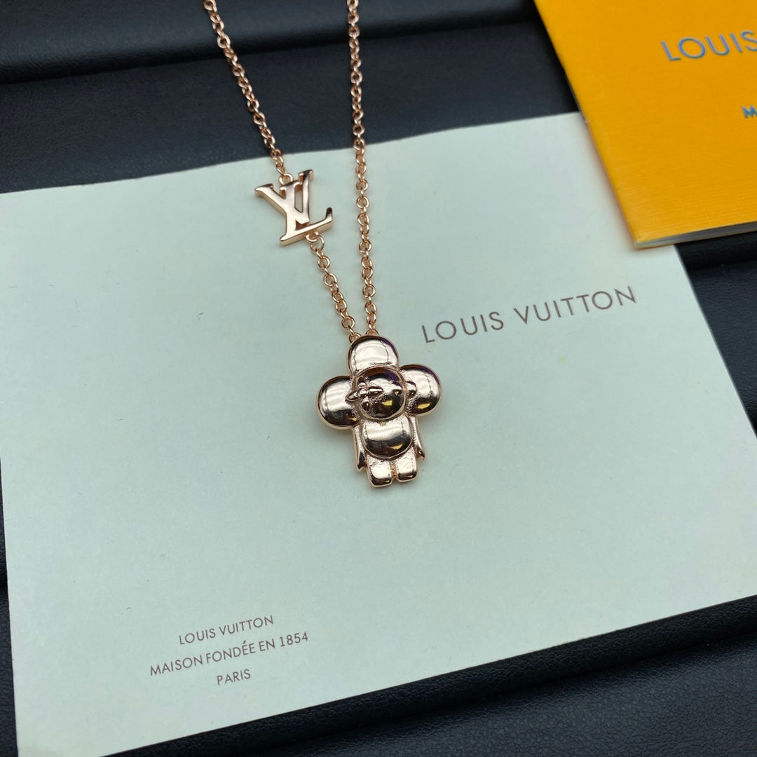 3D Puffy Teddy Bear Charm Double Drop Cable Chain Necklace