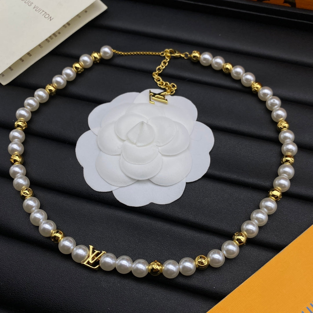 Faux Pearl & Gold Beaded Spacer Choker Necklace