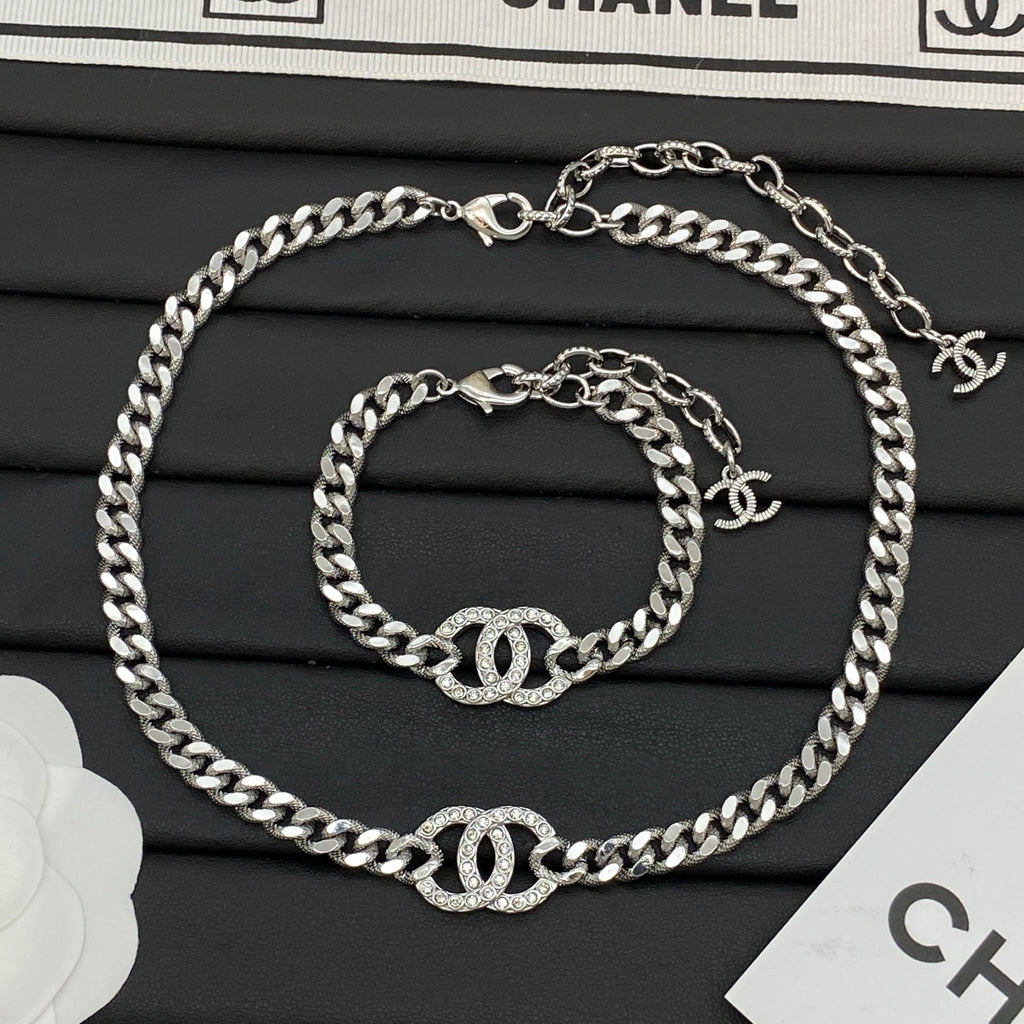 Chunky Cuban Chain Necklace & Bracelet Set | Crystal Pavé Logo Center Link | Gold-Tone