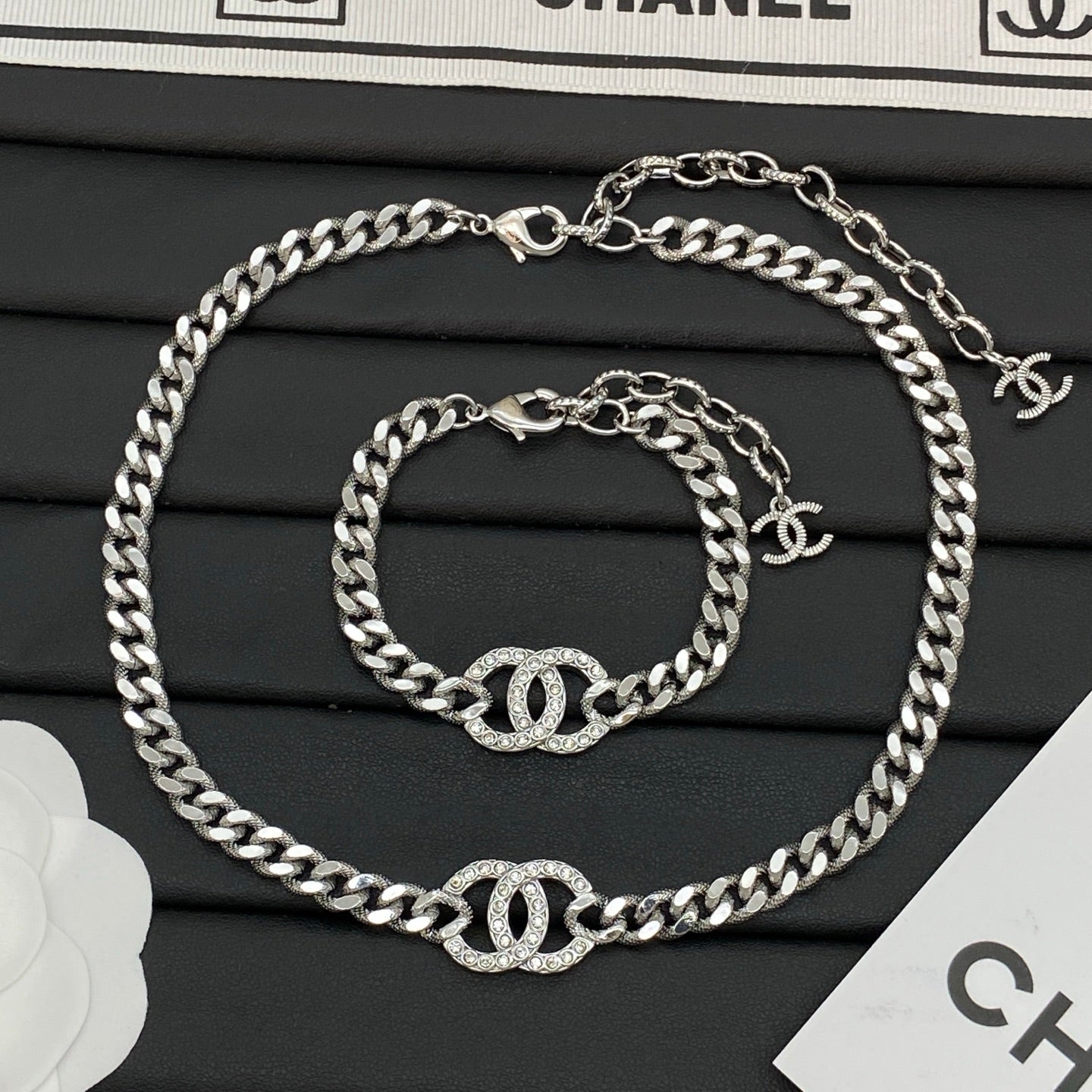 Chunky Cuban Chain Necklace & Bracelet Set | Crystal Pavé Logo Center Link | Gold-Tone