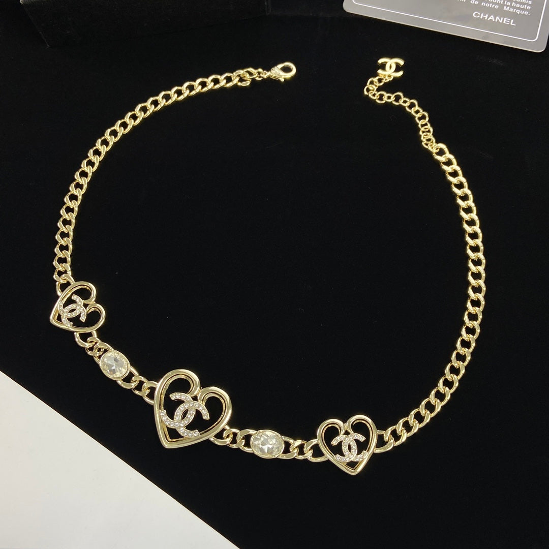 Hollow Heart & Crystal Charm Cuban Chain Jewelry Set
