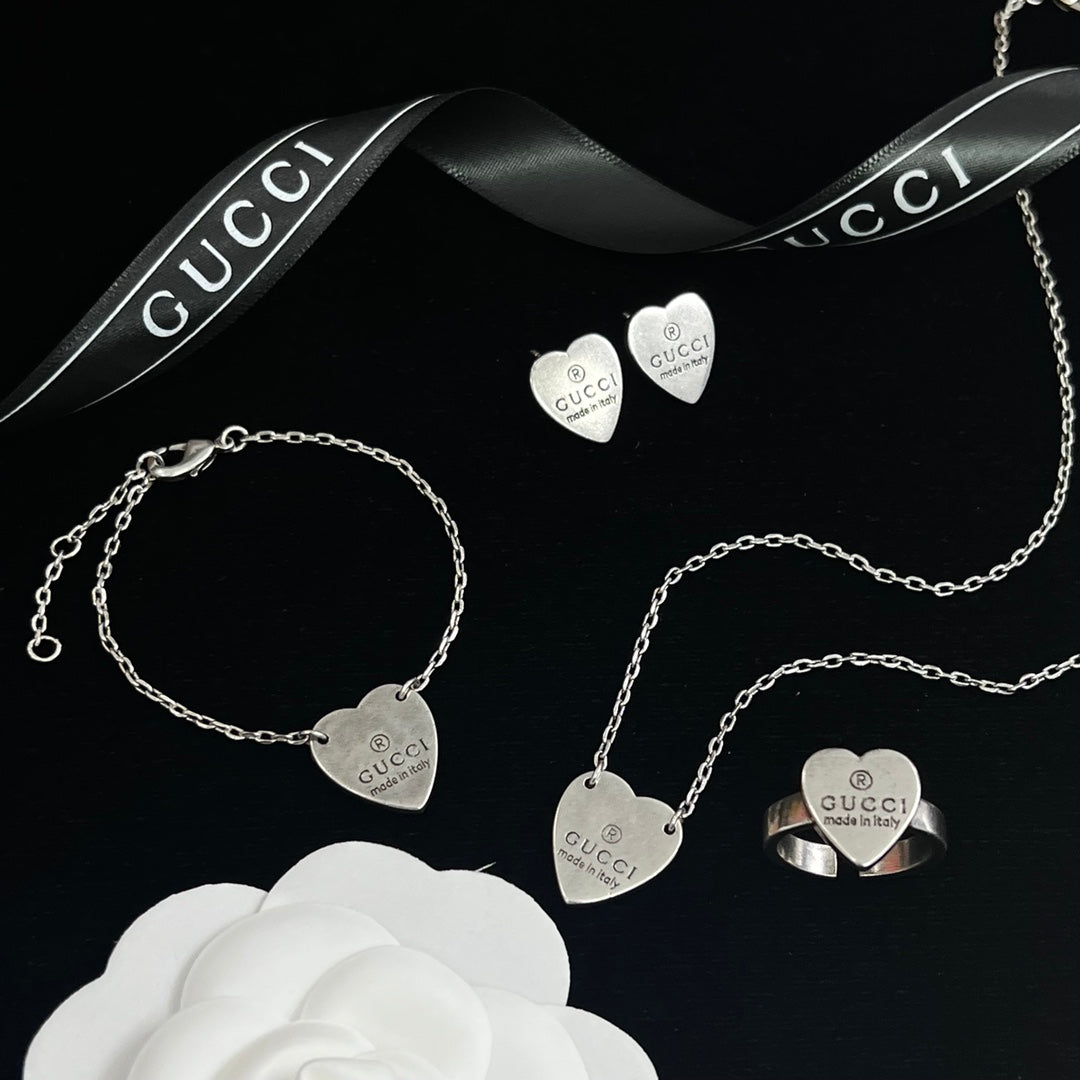 Engraved Heart Charm Cable Chain Full Jewelry Set
