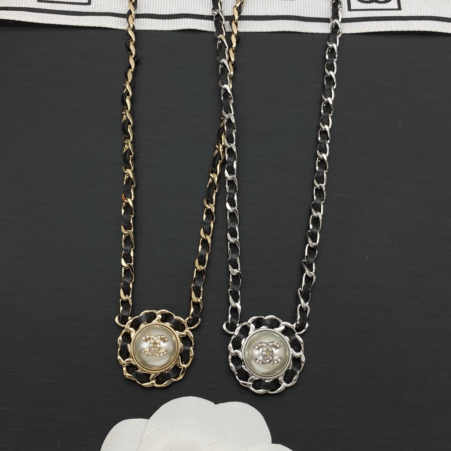 Pearl Logo Pendant Necklace | Leather & Chain Link | Gold & Silver Tone