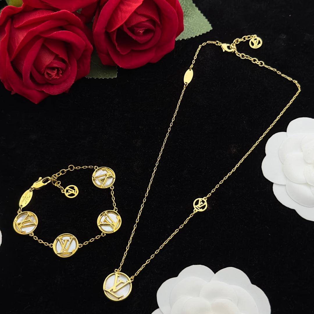 Hollow Letter Coin Charm Necklace & Bracelet Set – Gold-Tone with Shell Disc
