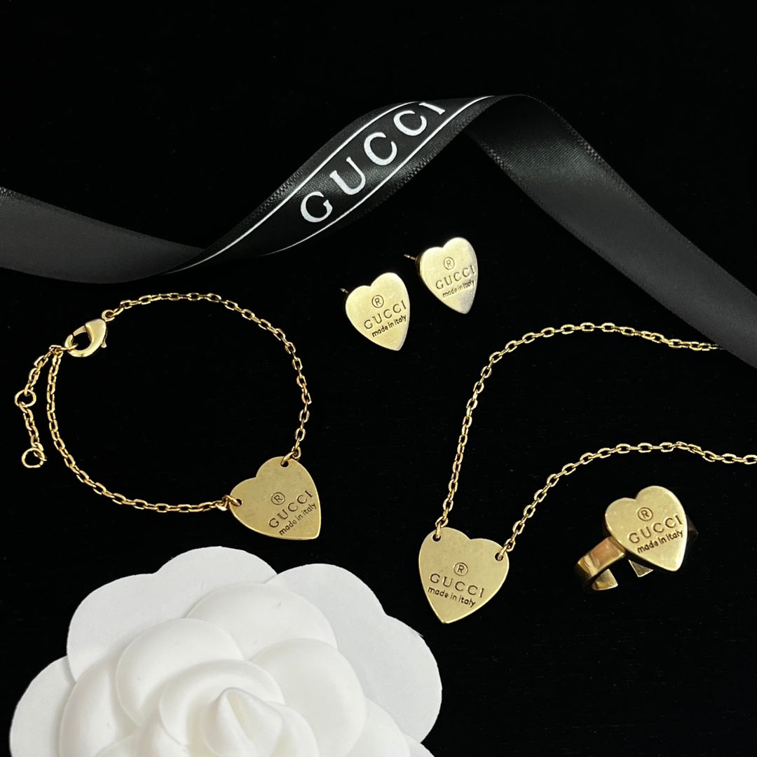 Engraved Heart Charm Cable Chain Full Jewelry Set