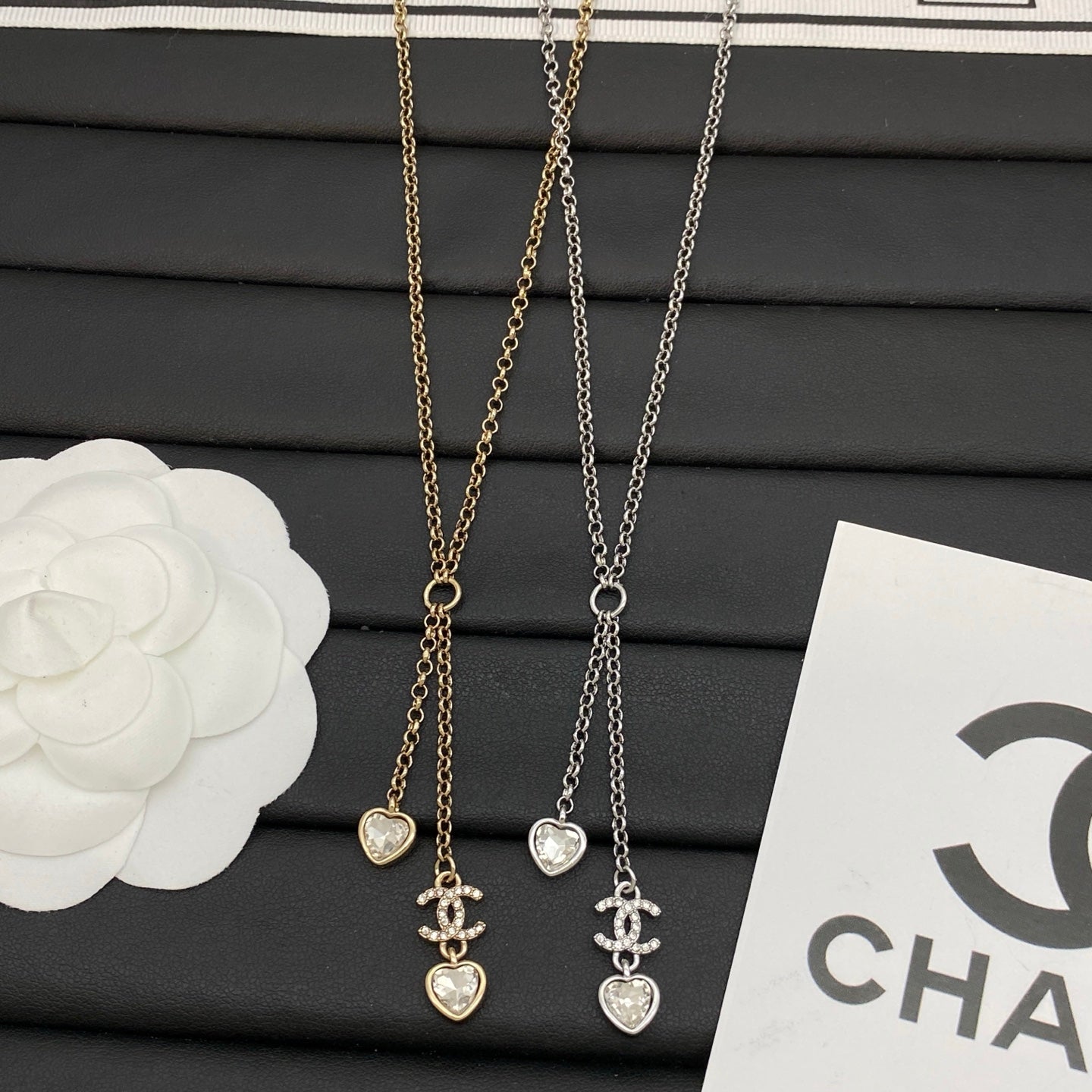 Double Heart & Crystal Logo Charm Lariat Necklace | Bezel Heart Drop | Gold & Silver Tone